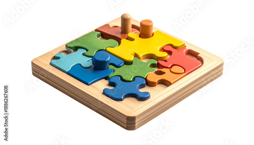 Wooden puzzle with nine colorful, interlocking pieces and three pegs, isolated on black