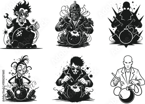 Mad scientist illustration, explosive device concept, comic style inventors, chaotic creativity, black and white drawing, bomb experiment, quirky characters, science fiction art, dark humor