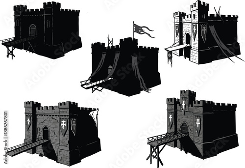 Medieval castle illustration, fortress silhouette design, black and white artwork, fantasy stronghold structure, drawbridge detail, gothic architecture concept, historical defense building, knight