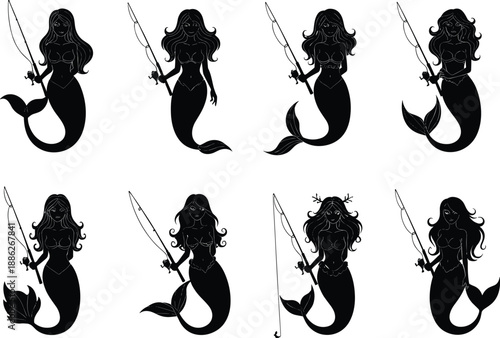 Mermaid silhouette illustration, trident pose design, fantasy sea creature set, black vector graphic, flowing hair detail, mythical theme, artistic concept, underwater style, ocean warrior
