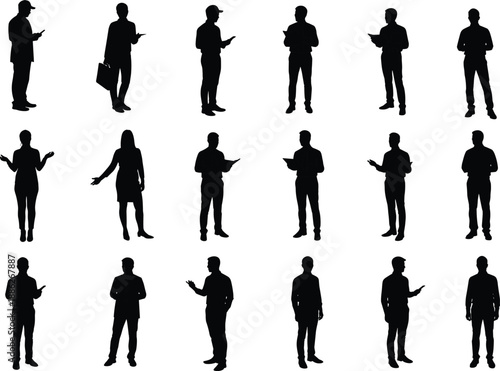 Mobile user silhouettes, smartphone interaction, digital lifestyle, modern technology, black and white, diverse people, tech habits, communication pose, gadget usage, urban routine