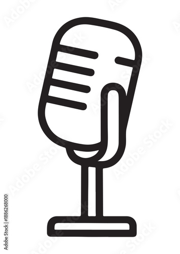 Minimalist retro microphone line art illustration, simple vintage podcast mic vector design, classic broadcasting and vocal equipment icon