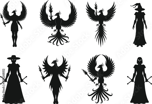 Phoenix and warrior silhouette illustration, fantasy character set, flaming bird design, sword pose, black vector graphic, magical theme, artistic concept, spooky style, mythical figure