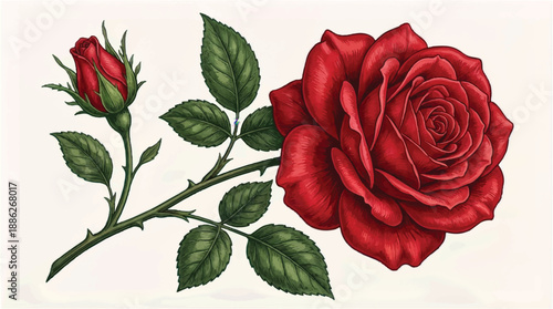Stylized Rosebud and Fully Bloomed Rose Vector, Detailed Floral Design for Decorative Art