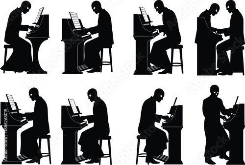 Piano player silhouette set, musical performance illustration, seated and standing pose, duet and solo style, black vector graphic, artistic concept, sheet music detail, expressive design