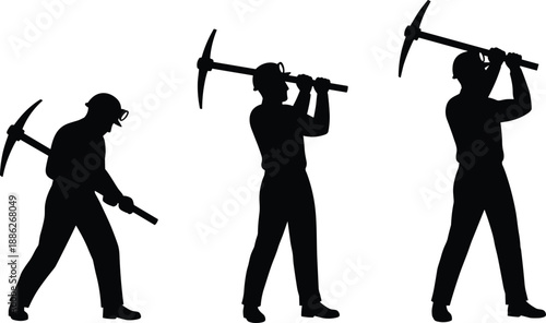 Pickaxe worker silhouette, mining action pose, construction labor figure, helmet safety gear, excavation motion graphic, black shadow design, industrial tool swing, manual work concept