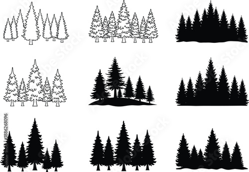 Pine tree silhouette grid, black and white forest illustration, conifer cluster artwork, nature-inspired tree design, graphic woodland pattern, detailed pine foliage composition