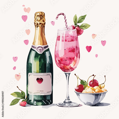 Valentines Champagne Bottle and Pink Cherry Cocktail Watercolor Vector Illustration – Romantic Sweet Drink Design