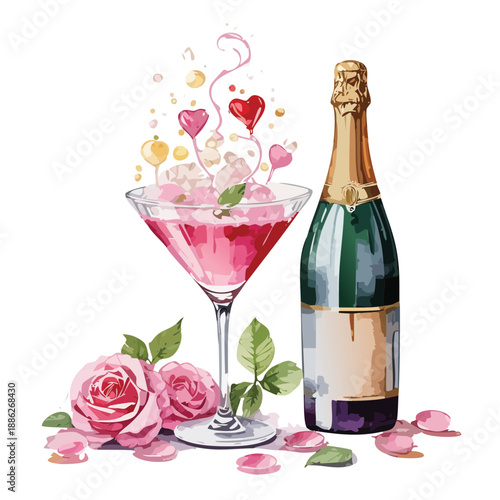 Valentines Pink Martini and Champagne Bottle Watercolor Vector Illustration – Romantic Heart Cocktail Design