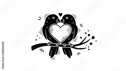 Two lovebirds perched on a branch forming a heart shape.