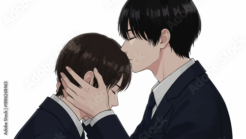 Two men in suits showing affection with a forehead kiss.