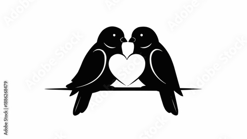 Two silhouette birds facing each other with a heart between them.