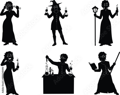 Science and magic silhouette, female character with potion, test tube and wand, witch hat, laboratory setup, fantasy scientist, spellcasting pose, black shadow art