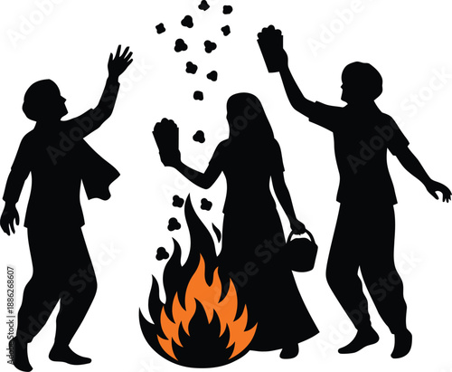 Popcorn throwing silhouette for lohri festival bonfire