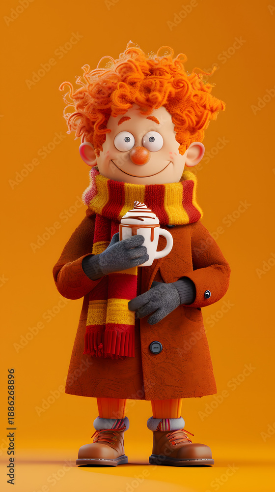 Fototapeta premium 3d Cartoon Character A man wearing winter clothes and holding a cup of coffee