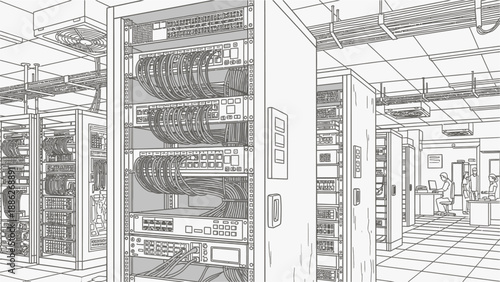 Detailed line drawing of a modern data center with server racks and IT personnel working in the background.