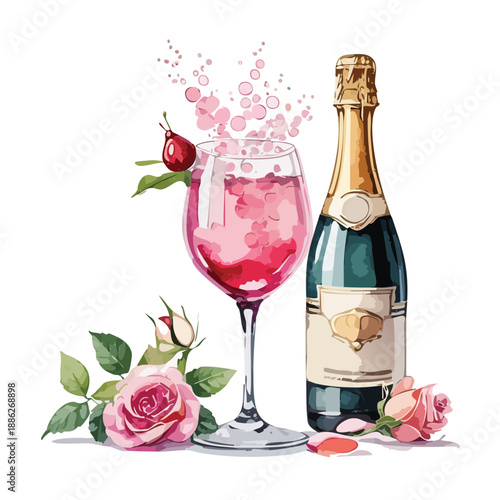 Valentines Champagne Bottle and Pink Wine Glass Watercolor Vector Illustration – Romantic Floral Celebration Design