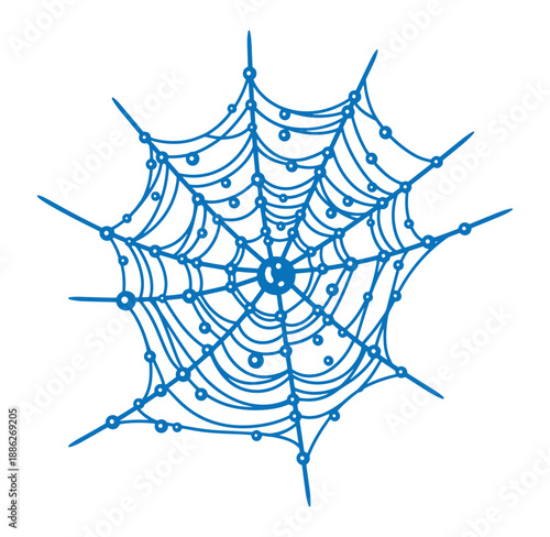 blue spider web with dew drops on white background