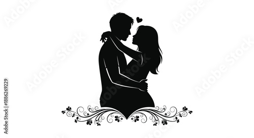 A silhouette of a couple embracing tenderly with a heart floating above their heads and floral details below