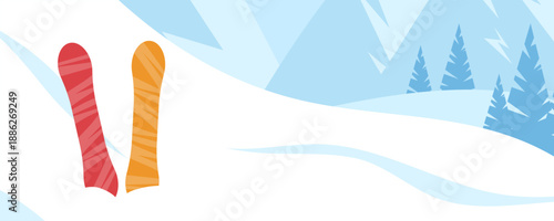 Two colorful skis planted in snow on quiet mountain slope under blue sky, sunrise light casting soft shadows,