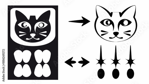 Stylized cat face illustration with negative space and paw design elements, showcasing a creative logo or icon development process.
