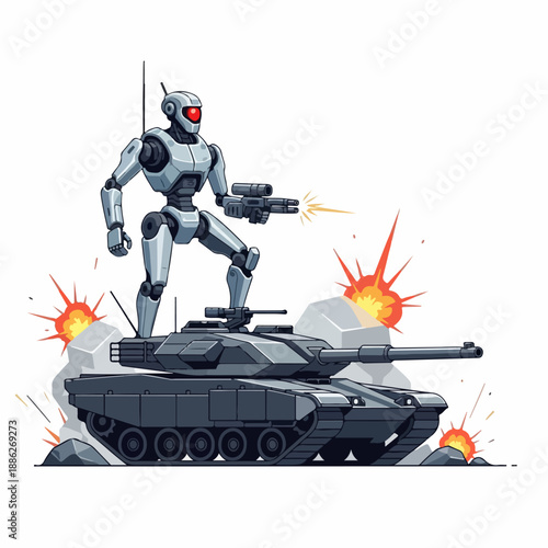 Vector illustration of Tank and combat robot on a battlefield on a white background