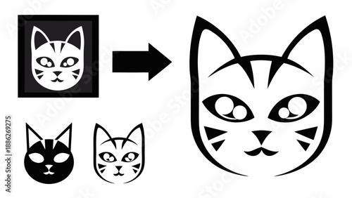 Vector cat face logos and icons in various designs and styles for branding and identity purposes showcase different elements and details.