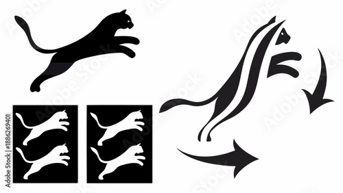 Black and white graphic illustration showcasing different dynamic leaping cat silhouettes in various poses and views on a plain white background perfect for logo designs and creative artwork.