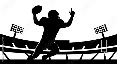 American Football Player Silhouette Cheering in Stadium with Floodlights Vector Illustration
