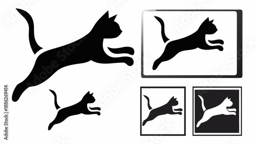 Dynamic cat silhouettes in various sizes and framing styles showcasing playful and energetic feline designs for graphic elements or logos.