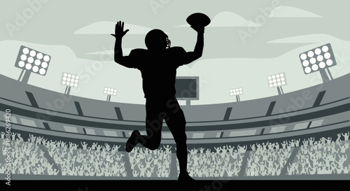 American Football Player Silhouette Celebrates Touchdown Victory in Stadium Scene