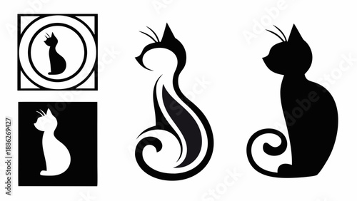 Collection of black and white cat logos and silhouettes showcasing various design styles and elements for pet related branding and creative projects