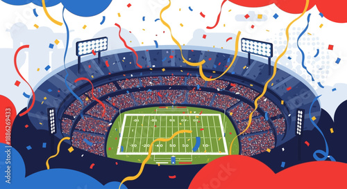 Crowded Stadium Celebrates Football Match Victory with Colorful Confetti at Championship Event