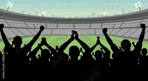Soccer Stadium Crowd Silhouette Cheering Fans with Football Field Illustration