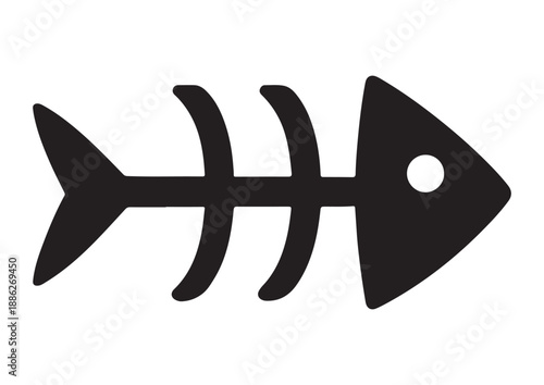 Minimalist fish bone silhouette icon, simple black fish skeleton for seafood, waste, or mortality concept