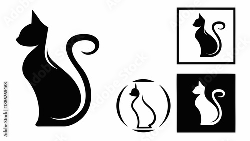 Elegant black and white cat silhouettes in various design concepts including circular and square frames perfect for logos and branding projects.