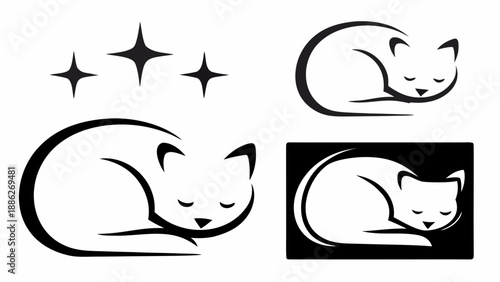 Sleek black and white cat logo designs showcasing a serene sleeping feline in various minimalist styles perfect for pet businesses or animal-related brands.