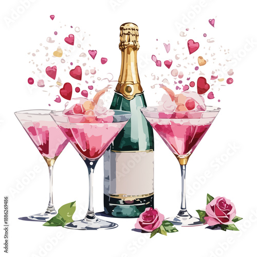Valentines Champagne Bottle and Pink Martini Glasses Watercolor Vector Illustration – Romantic Heart Celebration Set
