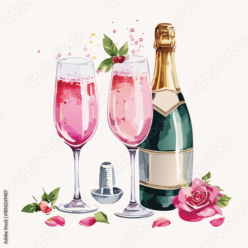 Valentines Champagne Bottle and Pink Flutes Watercolor Vector Illustration – Romantic Floral Toast Design