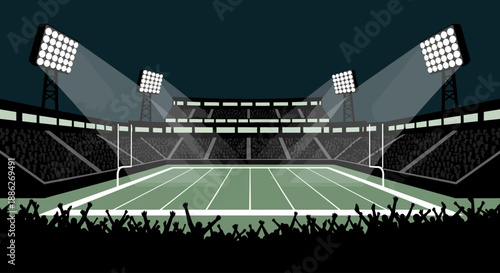American Football Stadium at Night with Floodlights and Cheering Crowd Illustration
