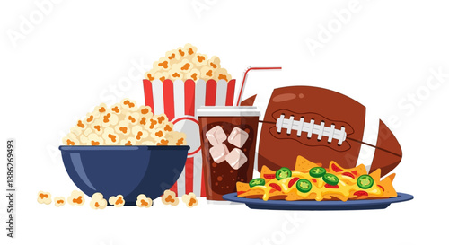 American Football Game Snacks Vector Illustration with Popcorn, Nachos, and Soda Drink