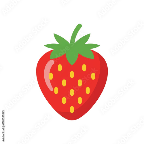 A ripe strawberry illustration with green leaves and yellow seeds on a plain background viewed from the front