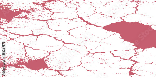 A grunge red paint texture splash creates an old cracked pattern on a dirty wall surface backdrop with ink stains and blood droplets for an artistic vector illustration design