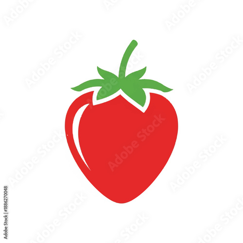 A ripe red strawberry with green leaves illustrated from a front viewpoint