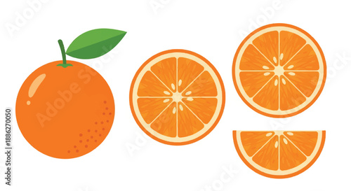 Assorted oranges and slices arranged neatly on a clean and simple background for a fruit display
