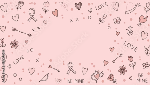 Valentines Day Doodle Elements on Pink Background.