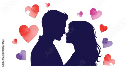 A silhouette of a couple facing each other surrounded by floating watercolor hearts evokes feelings of love and affection