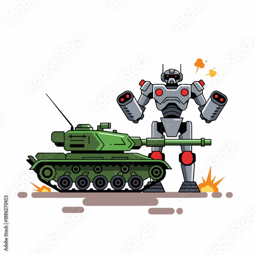 Vector illustration of tanks and combat robots on the battlefield