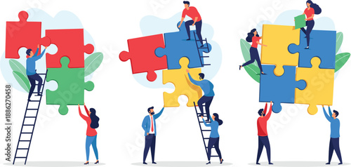 People working together on a large puzzle from ladders in a collaborative effort