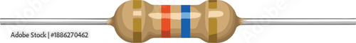 A close-up of a resistor on a wire, showcasing its colorful bands and electrical component details in a technical illustration.